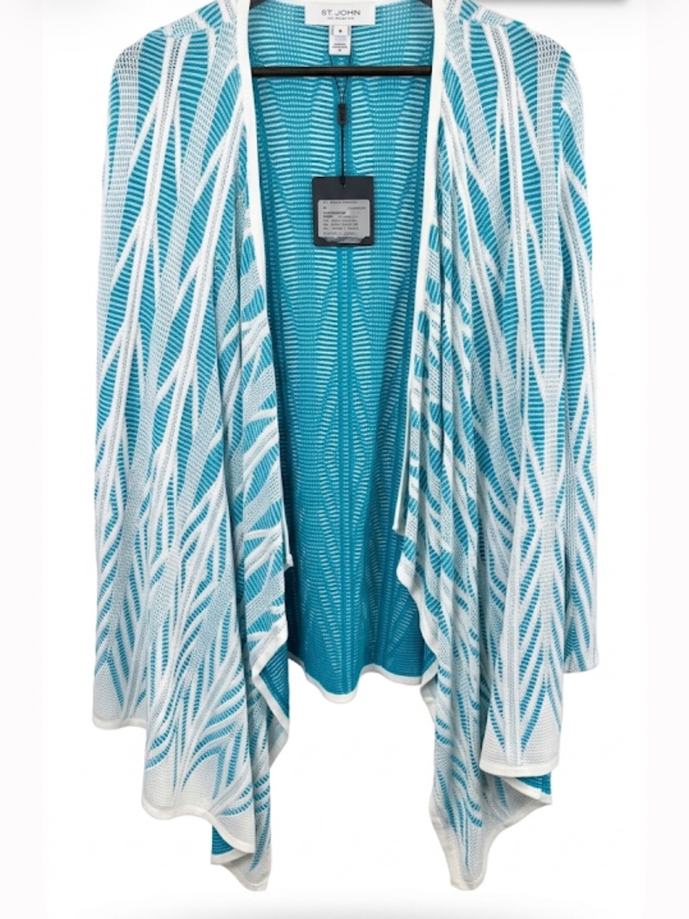 St. John Teal & White Open Knit Draped Cardigan nwt see pics